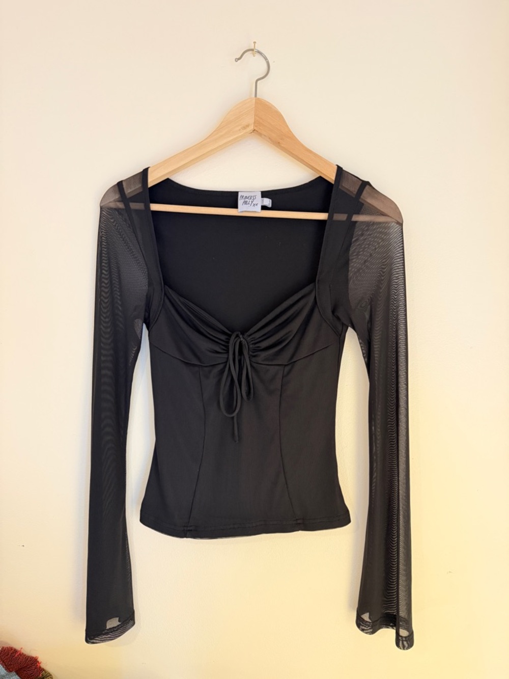 Princess Polly Black Mesh Long-Sleeve Tie-Front Top